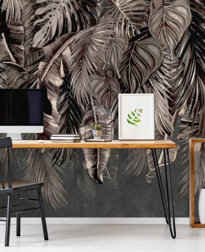 black leaf wallpaper mural called Hanging Tropical Palm Trees Black at Wallsauce for bedrooms and kitchens