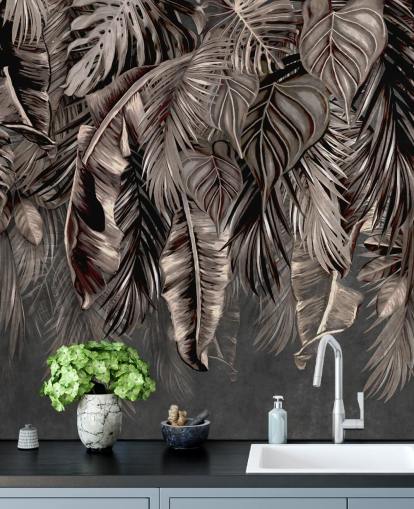behangmuurschildering met zwarte bladeren genaamd Hanging Tropical Palm Trees Black at Wallsauce voor slaapkamers en keukens