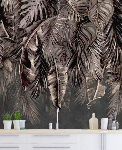 black leaf wallpaper mural called Hanging Tropical Palm Trees Black at Wallsauce for bedrooms and kitchens black leaf wallpaper mural called Hanging Tropical Palm Trees Black at Wallsauce for bedrooms and kitchens