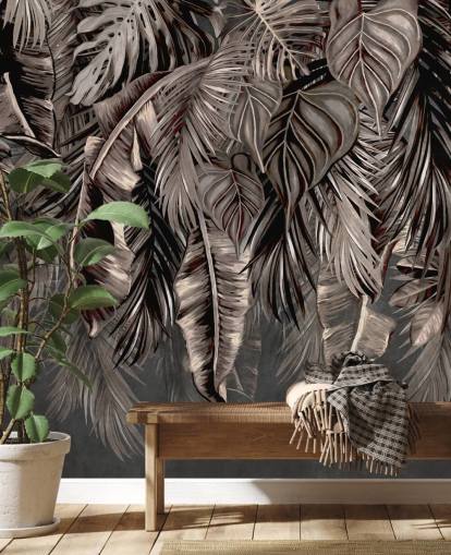 papier peint mural à feuilles noires appelé Hanging Tropical Palm Trees Black chez Wallsauce pour chambres et cuisines
