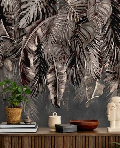 black leaf wallpaper mural called Hanging Tropical Palm Trees Black at Wallsauce for bedrooms and kitchens