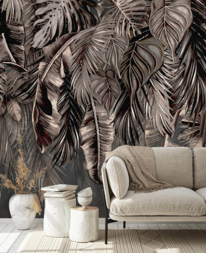 vægmaleri med sort blad kaldet Hanging Tropical Palm Trees Black på Wallsauce til soveværelser og køkkener vægmaleri med sort blad kaldet Hanging Tropical Palm Trees Black på Wallsauce til soveværelser og køkkener