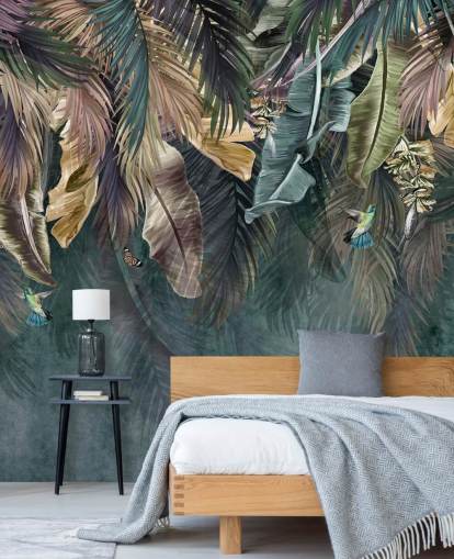 mural de papel pintado con hojas azules llamado Hanging Tropical Palm Trees Blue para dormitorios, salas de estar y baños mural de papel pintado con hojas azules llamado Hanging Tropical Palm Trees Blue para dormitorios, salas de estar y baños