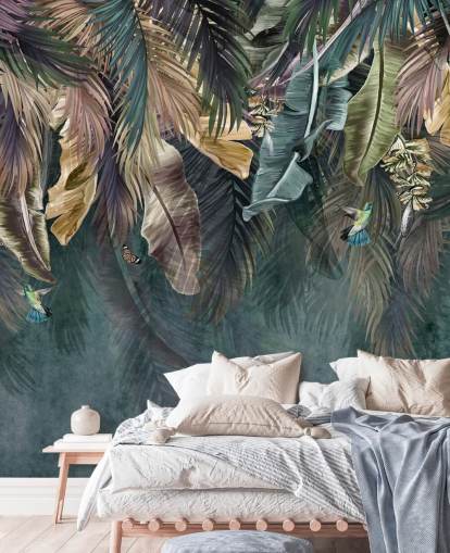 mural de papel de parede de folha azul chamado Hanging Tropical Palm Trees Blue para quartos, salas de estar e banheiros