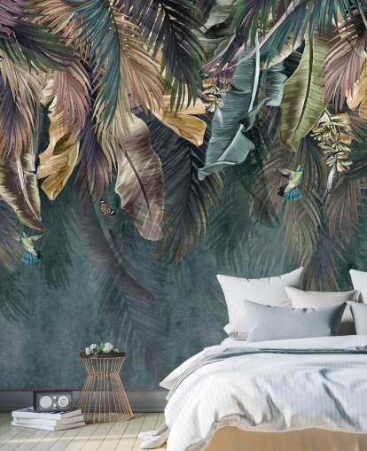 blue leaf wallpaper mural called Hanging Tropical Palm Trees Blue for bedrooms, living rooms and bathrooms blue leaf wallpaper mural called Hanging Tropical Palm Trees Blue for bedrooms, living rooms and bathrooms