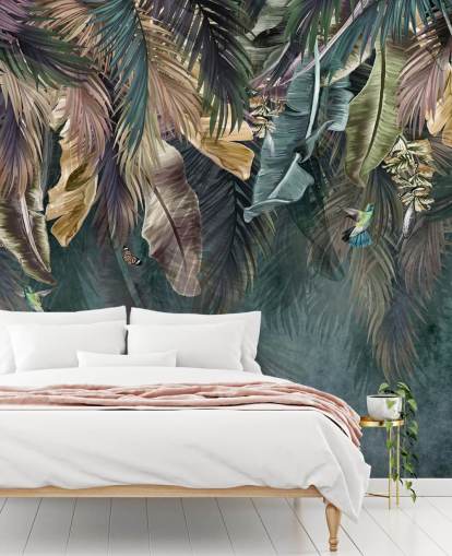 blå blad tapetväggmålning kallad Hanging Tropical Palm Trees Blue för sovrum, vardagsrum och badrum