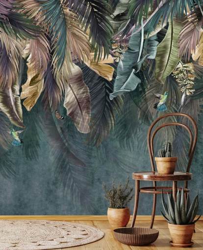 carta da parati murale con foglie blu chiamata Hanging Tropical Palm Trees Blue per camere da letto, salotti e bagni