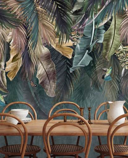 mural de papel de parede de folha azul chamado Hanging Tropical Palm Trees Blue para quartos, salas de estar e banheiros