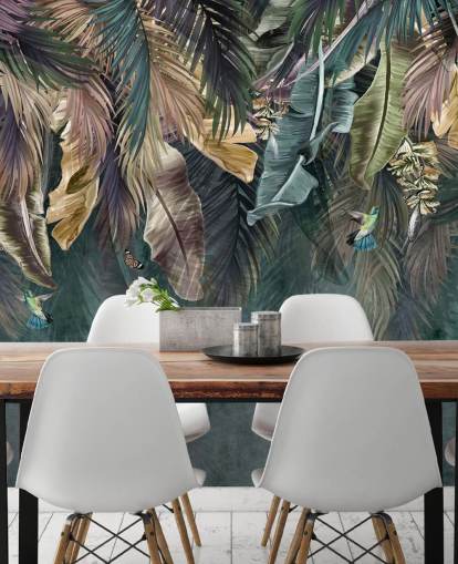 blå bladtapet vægmaleri kaldet Hanging Tropical Palm Trees Blue til soveværelser, stuer og badeværelser