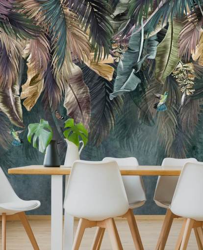 blå bladtapet vægmaleri kaldet Hanging Tropical Palm Trees Blue til soveværelser, stuer og badeværelser