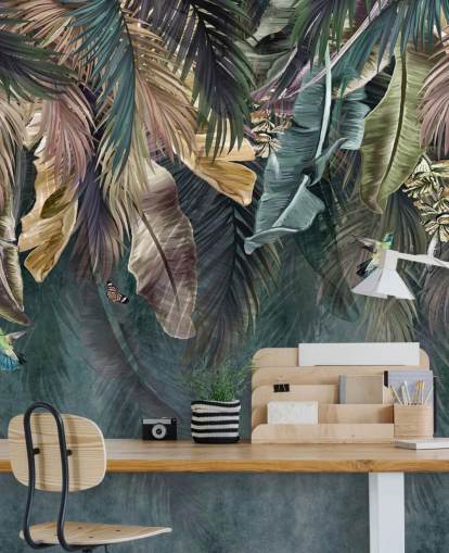 sinilehtitaustakuvamaalaus nimeltä Hanging Tropical Palm Trees Blue makuuhuoneisiin, olohuoneisiin ja kylpyhuoneisiin