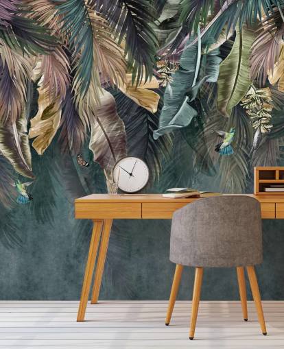 blått blad tapet veggmaleri kalt Hanging Tropical Palm Trees Blue for soverom, stuer og bad