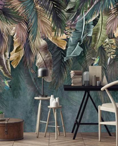 Blaues Blatt-Wandbild mit dem Titel Hanging Tropical Palm Trees Blue für Schlafzimmer, Wohnzimmer und Badezimmer