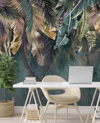 blå blad tapetväggmålning kallad Hanging Tropical Palm Trees Blue för sovrum, vardagsrum och badrum