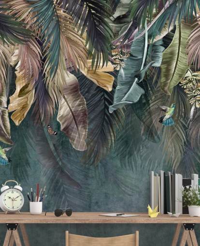 mural de papel pintado con hojas azules llamado Hanging Tropical Palm Trees Blue para dormitorios, salas de estar y baños