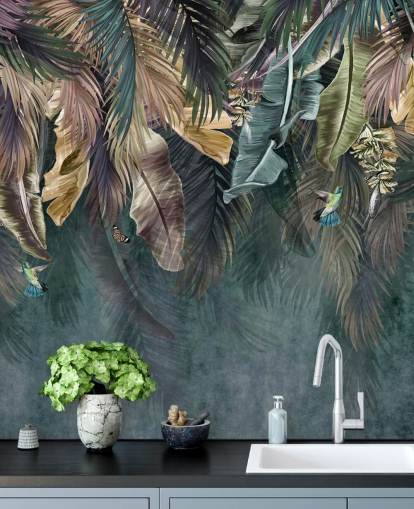 blå blad tapetväggmålning kallad Hanging Tropical Palm Trees Blue för sovrum, vardagsrum och badrum blå blad tapetväggmålning kallad Hanging Tropical Palm Trees Blue för sovrum, vardagsrum och badrum