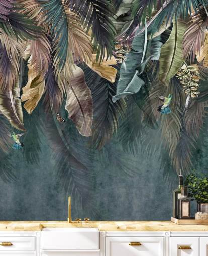 mural de papel pintado con hojas azules llamado Hanging Tropical Palm Trees Blue para dormitorios, salas de estar y baños