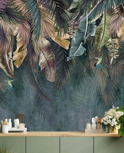 papier peint mural à feuilles bleues appelé Hanging Tropical Palm Trees Blue pour les chambres, les salons et les salles de bain
