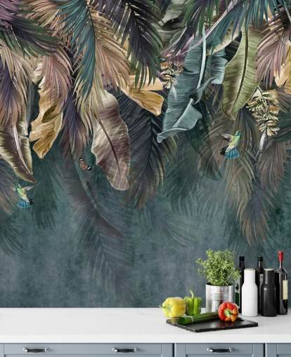 carta da parati murale con foglie blu chiamata Hanging Tropical Palm Trees Blue per camere da letto, salotti e bagni carta da parati murale con foglie blu chiamata Hanging Tropical Palm Trees Blue per camere da letto, salotti e bagni