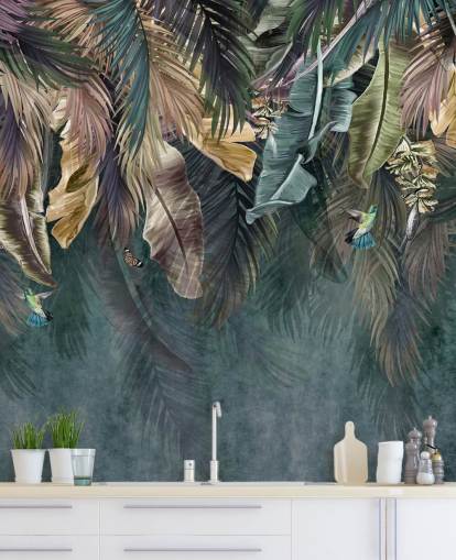 mural de papel pintado con hojas azules llamado Hanging Tropical Palm Trees Blue para dormitorios, salas de estar y baños