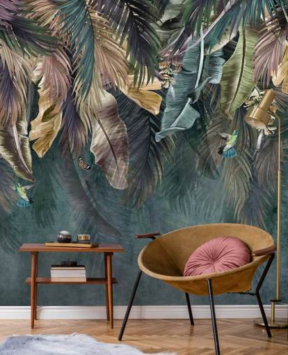 mural de papel pintado con hojas azules llamado Hanging Tropical Palm Trees Blue para dormitorios, salas de estar y baños