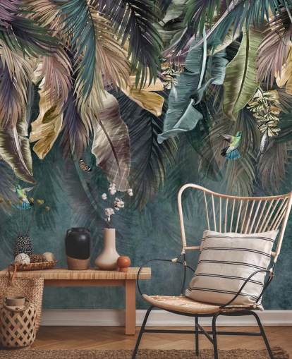 mural de papel pintado con hojas azules llamado Hanging Tropical Palm Trees Blue para dormitorios, salas de estar y baños mural de papel pintado con hojas azules llamado Hanging Tropical Palm Trees Blue para dormitorios, salas de estar y baños