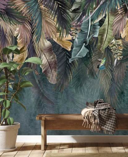 blå bladtapet vægmaleri kaldet Hanging Tropical Palm Trees Blue til soveværelser, stuer og badeværelser