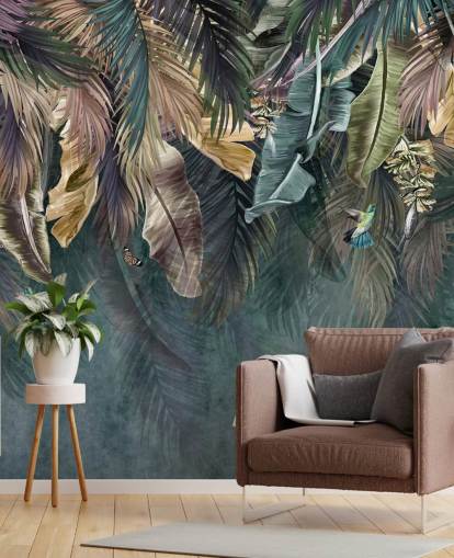 blå bladtapet vægmaleri kaldet Hanging Tropical Palm Trees Blue til soveværelser, stuer og badeværelser blå bladtapet vægmaleri kaldet Hanging Tropical Palm Trees Blue til soveværelser, stuer og badeværelser