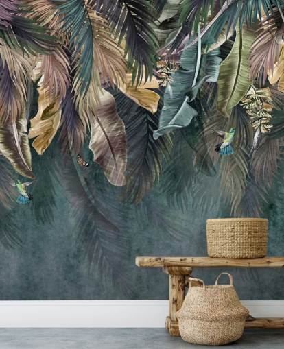 mural de papel de parede de folha azul chamado Hanging Tropical Palm Trees Blue para quartos, salas de estar e banheiros