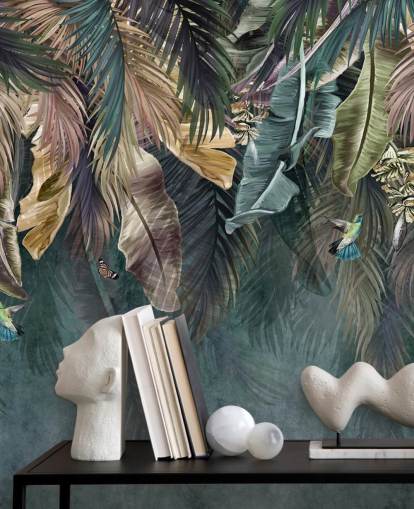 papier peint mural à feuilles bleues appelé Hanging Tropical Palm Trees Blue pour les chambres, les salons et les salles de bain