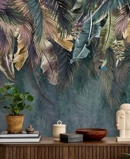 papier peint mural à feuilles bleues appelé Hanging Tropical Palm Trees Blue pour les chambres, les salons et les salles de bain