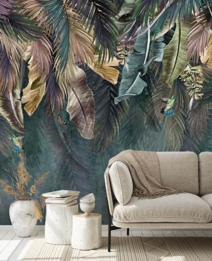 sinilehtitaustakuvamaalaus nimeltä Hanging Tropical Palm Trees Blue makuuhuoneisiin, olohuoneisiin ja kylpyhuoneisiin