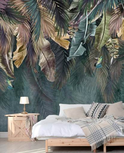 blue leaf wallpaper mural called Hanging Tropical Palm Trees Blue for bedrooms, living rooms and bathrooms