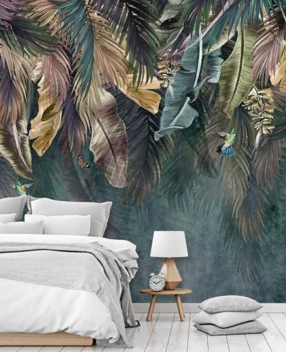 blue leaf wallpaper mural called Hanging Tropical Palm Trees Blue for bedrooms, living rooms and bathrooms