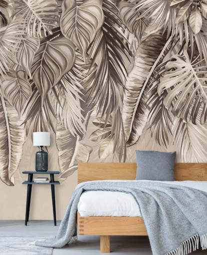 Wandgemälde mit Sepia-Palmen namens Hanging Tropical Palm Trees Sepia in Wallsauce für Küchen und Badezimmer