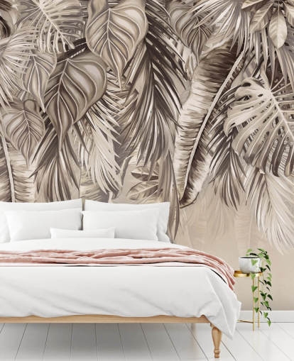 sepia palm trees wall mural called Hanging Tropical Palm Trees Sepia at Wallsauce for kitchens and bathrooms