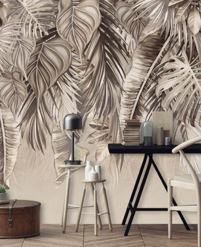 sepia palmer vægmaleri kaldet Hanging Tropical Palm Trees Sepia hos Wallsauce til køkkener og badeværelser