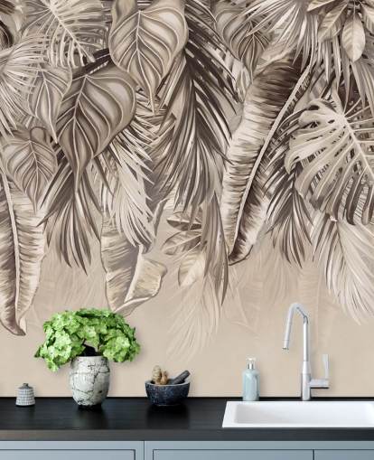 mural de parede de palmeiras sépia chamado Hanging Tropical Palm Trees Sepia at Wallsauce para cozinhas e banheiros