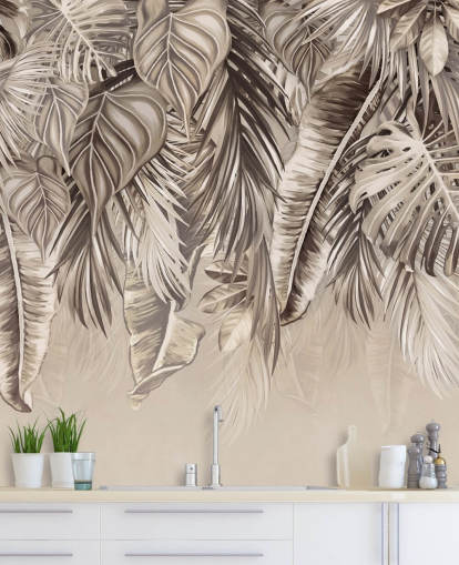 mural de parede de palmeiras sépia chamado Hanging Tropical Palm Trees Sepia at Wallsauce para cozinhas e banheiros