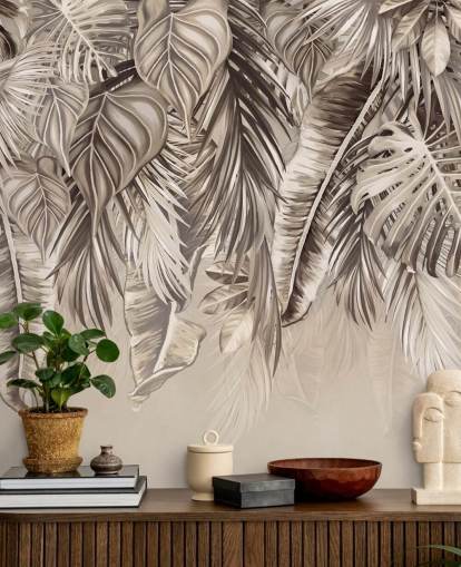 sepia palm trees wall mural called Hanging Tropical Palm Trees Sepia at Wallsauce for kitchens and bathrooms