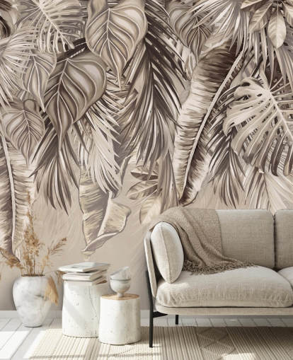 sepiapalmbomen muurschildering genaamd Hanging Tropical Palm Trees Sepia at Wallsauce voor keukens en badkamers