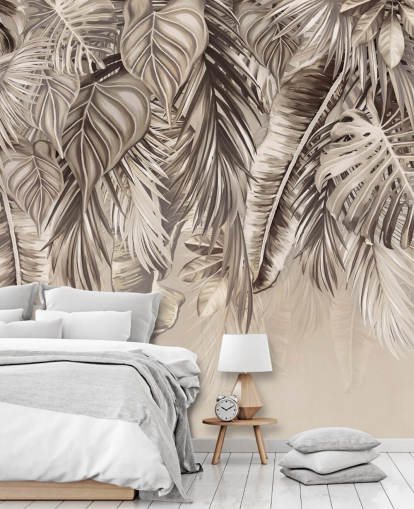 mural de pared de palmeras sepia llamado Hanging Tropical Palm Trees Sepia at Wallsauce para cocinas y baños