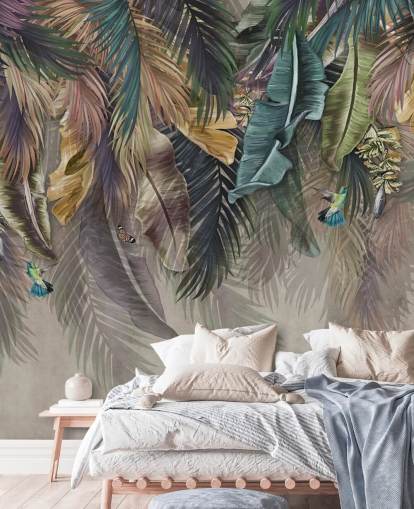 palmujen taustakuva nimeltä Hanging Tropical Palm Trees Wallsaucessa