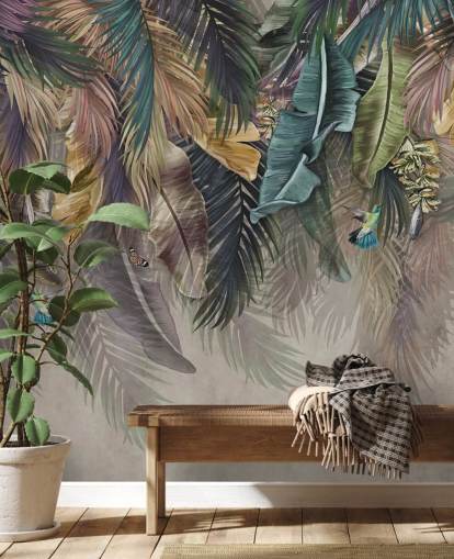 palmujen taustakuva nimeltä Hanging Tropical Palm Trees Wallsaucessa