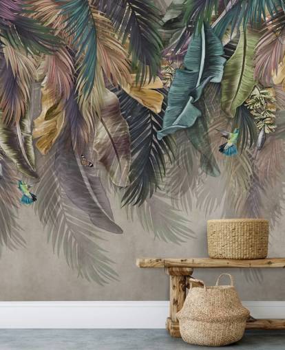 Palmentapete mit dem Titel Hängende tropische Palmen in Wallsauce