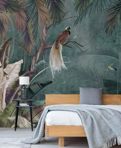 mural de papel pintado azul de la jungla llamado Jungle Birds and Butterflies Blue at Wallsauce para dormitorios y baños mural de papel pintado azul de la jungla llamado Jungle Birds and Butterflies Blue at Wallsauce para dormitorios y baños