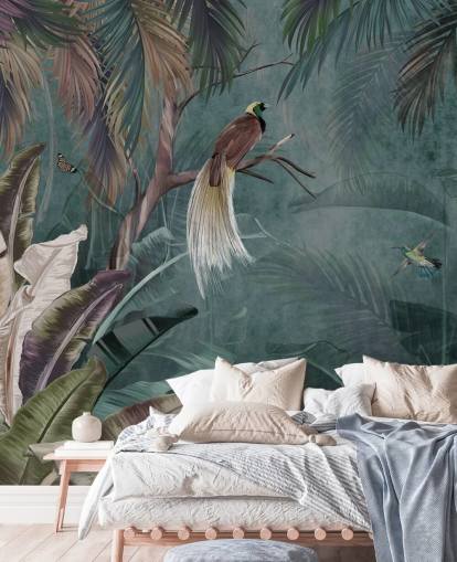 mural de papel de parede da selva azul chamado Jungle Birds and Butterflies Blue at Wallsauce para quartos e banheiros mural de papel de parede da selva azul chamado Jungle Birds and Butterflies Blue at Wallsauce para quartos e banheiros