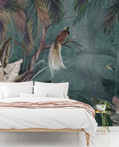 carta da parati murale con giungla blu chiamata Jungle Birds and Butterflies Blue at Wallsauce per camere da letto e bagni