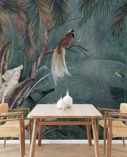 blå djungel tapetväggmålning som heter Jungle Birds and Butterflies Blue på Wallsauce för sovrum och badrum blå djungel tapetväggmålning som heter Jungle Birds and Butterflies Blue på Wallsauce för sovrum och badrum