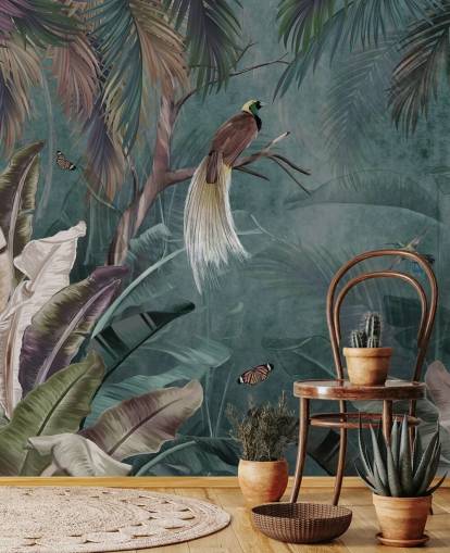 mural de papel de parede da selva azul chamado Jungle Birds and Butterflies Blue at Wallsauce para quartos e banheiros mural de papel de parede da selva azul chamado Jungle Birds and Butterflies Blue at Wallsauce para quartos e banheiros